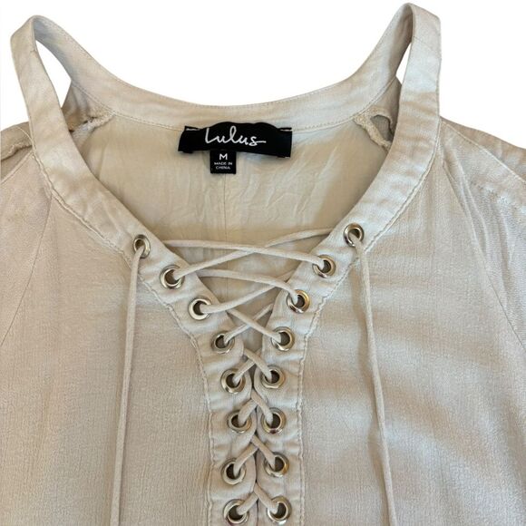 Lulus To the Sea Light Beige Embroidered Cold Shoulder Dress Womens Size Medium - Picture 10 of 14